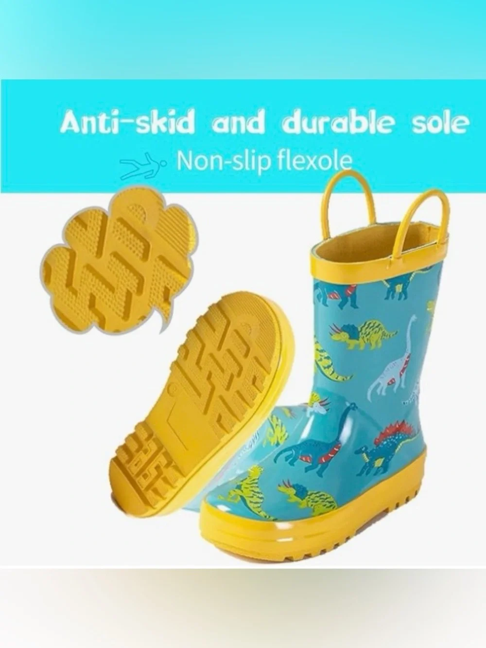 Toddler Yellow-Trim Blue Dinosaur Rain Boots Size 6